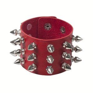Red Spike Cuff Bracelet Punk Rivet Wrist Bangle Leather Goth Scene Rave Emo NEW